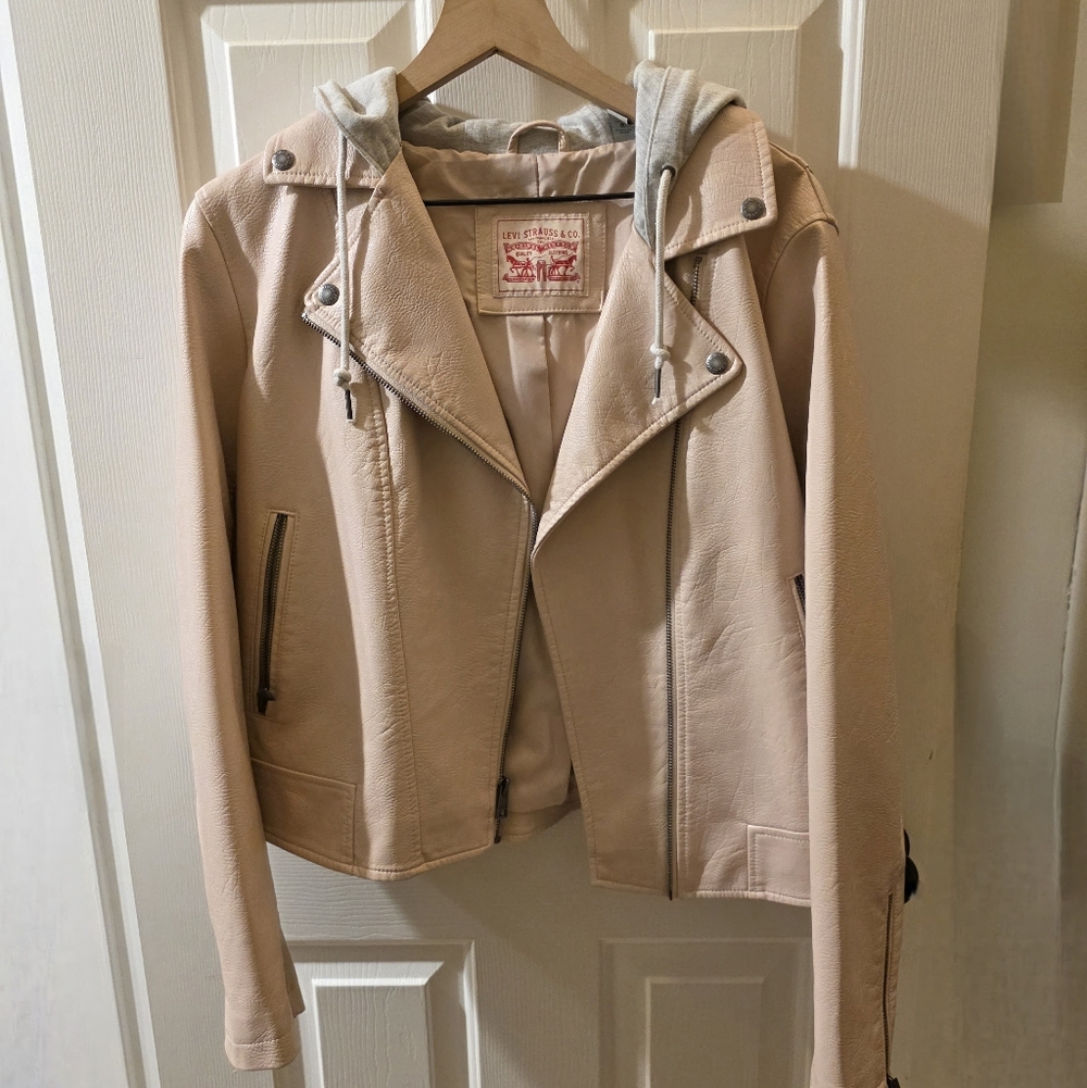 Levi's Women's Blush Faux Leather Moto Jacket with Gray Hood